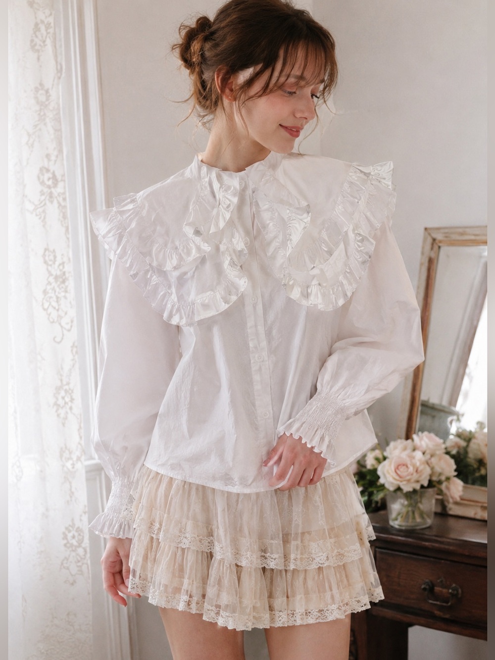 Japanese Coquette Ruffle Collar Blouse US L XL Cottagecore Romantic